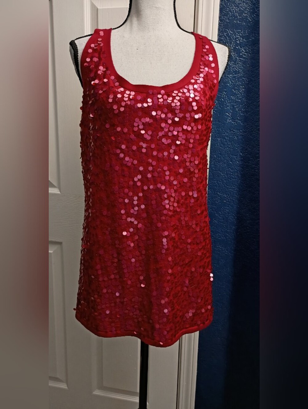 Eileen Fisher Red Sequin Scoop Neck Tank